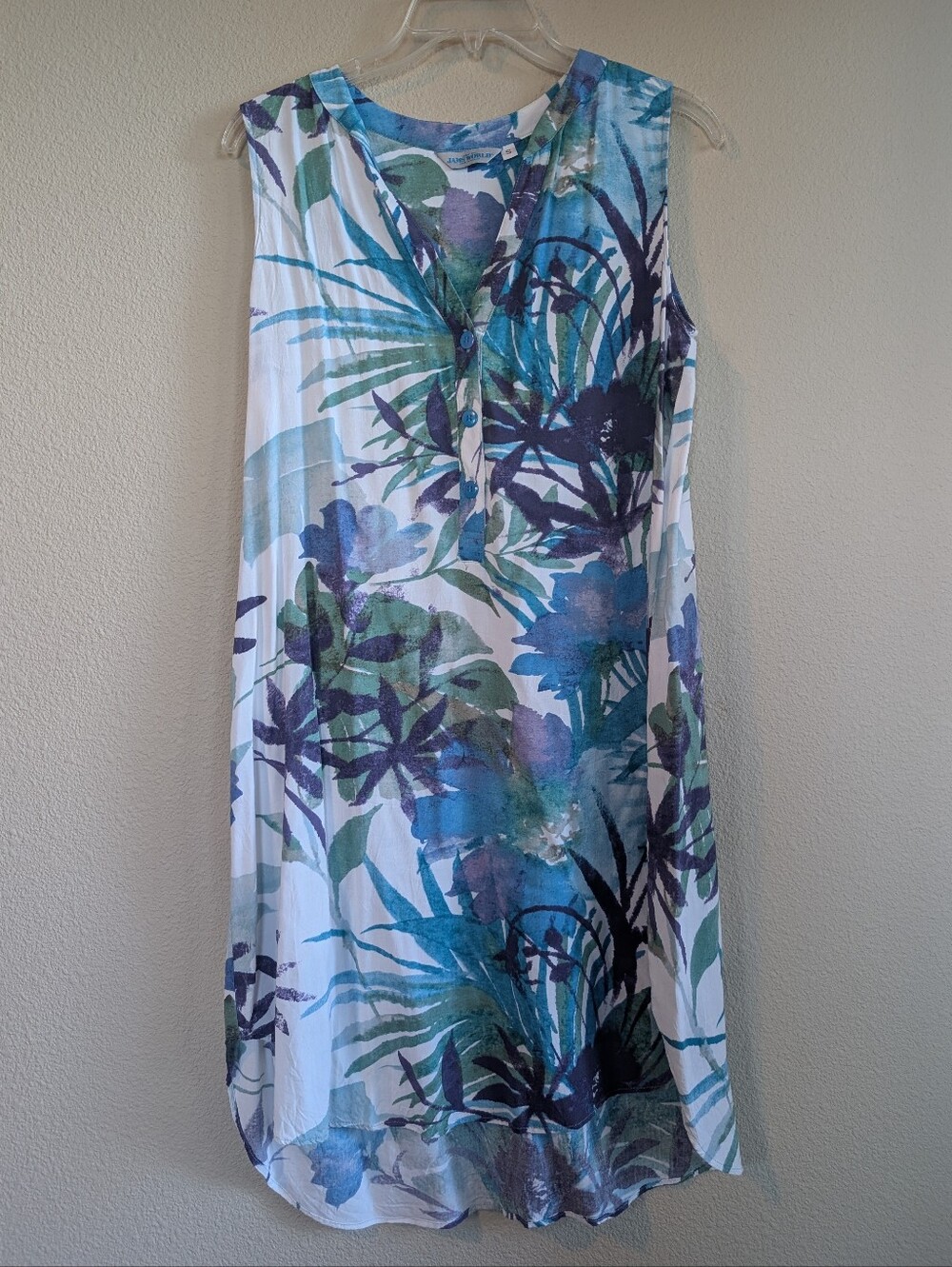 Jams World Sleeveless Tropical Print Midi Dress in Blue & Green Button Up Front